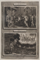 KG 12132
<br/>
Illustraties uit de Bijbel van Martin, Jeremia XXXVI.21-23 & Ezechiel I.5, Koning Jojakim werpt het boek van Baruch in het vuur & Visioen van Ezechiel.
<br/>
<em>Huyberts, Cornelis (1670-1712 ca.)</em>